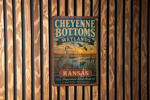 A vintage metal sign for Cheyenne Bottoms Wetlands in Kansas, featuring an illustration of a bird and a sunset over a body of water.