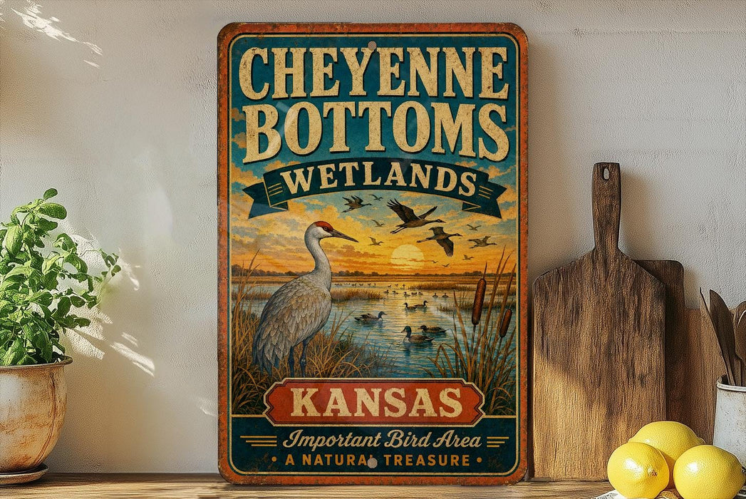 A vintage-style sign for Cheyenne Bottoms Wetlands in Kansas, featuring an illustration of a bird and a sunset over a body of water.
