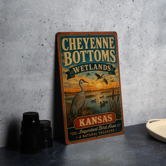 A vintage-style sign for Cheyenne Bottoms Wetlands in Kansas, featuring an illustration of a bird and a sunset over a lake.