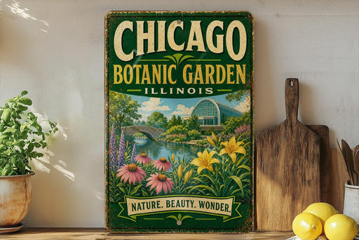 A vintage-style metal sign for the Chicago Botanic Garden in Illinois, featuring a scenic illustration of the garden with flowers, plants, and a bridge.