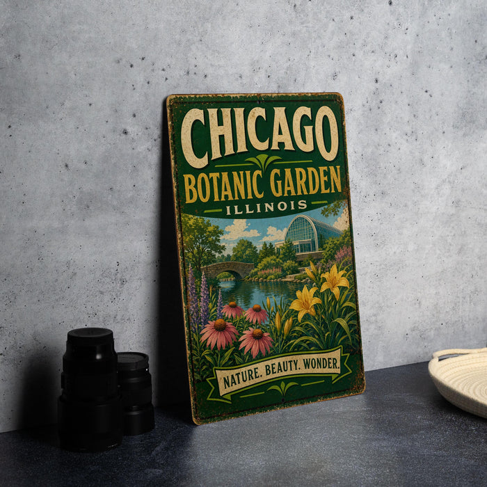 A vintage-style metal sign for the Chicago Botanic Garden in Illinois, featuring a scenic illustration of the garden and a bridge.