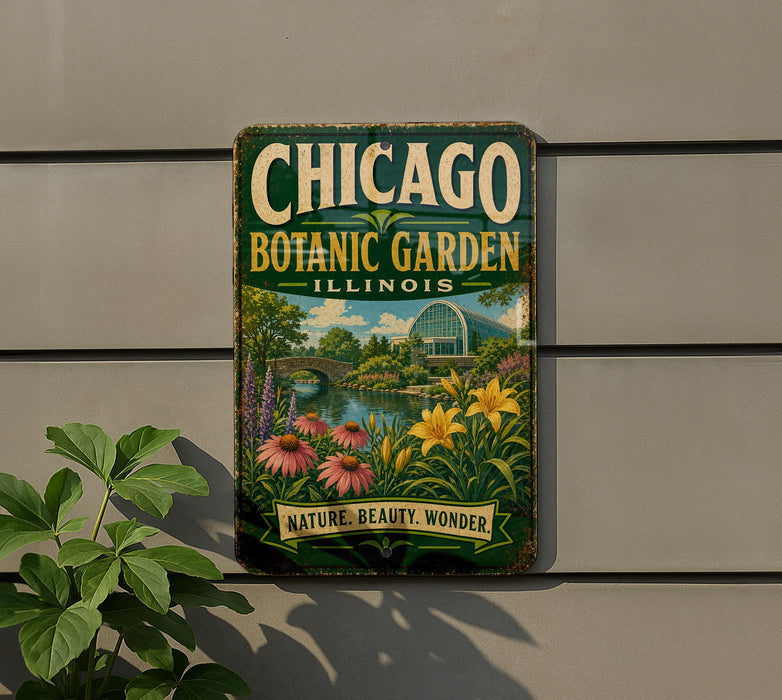 A vintage-style metal sign for the Chicago Botanic Garden in Illinois, featuring a scenic landscape with flowers, plants, and a building.