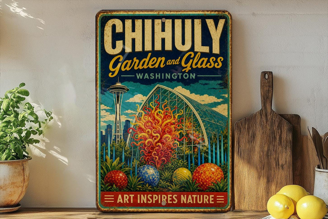 A vintage-style metal sign with the text "CHIHULY Garden and Glass WASHINGTON" and an illustration of a greenhouse or garden structure.