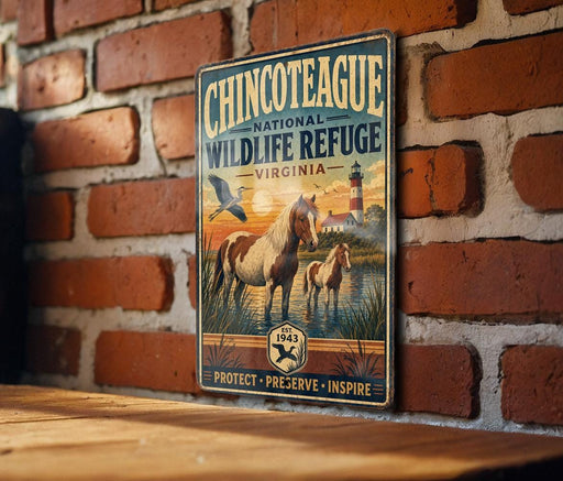 A vintage-style metal sign for the Chincoteague National Wildlife Refuge in Virginia, featuring an illustration of horses in a grassy field with a lighthouse in the background.