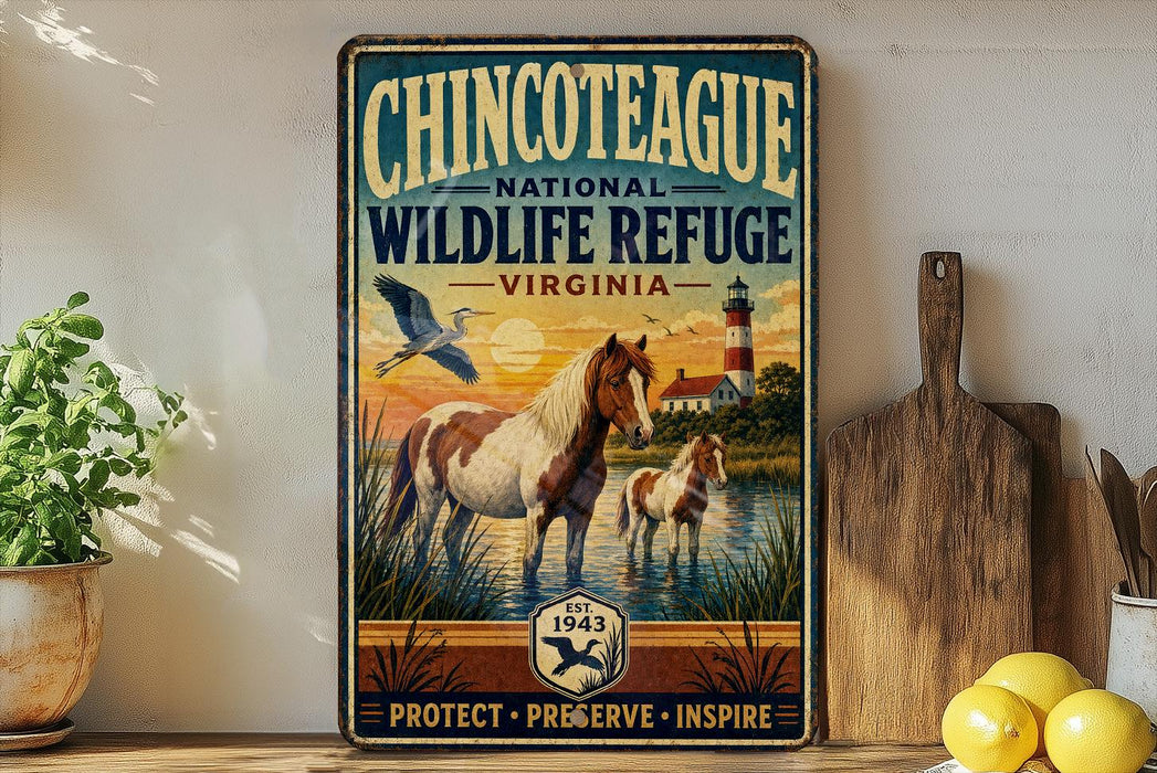 A vintage-style metal sign for the Chinook National Wildlife Refuge in Virginia, featuring an illustration of a horse and two birds in a natural setting.