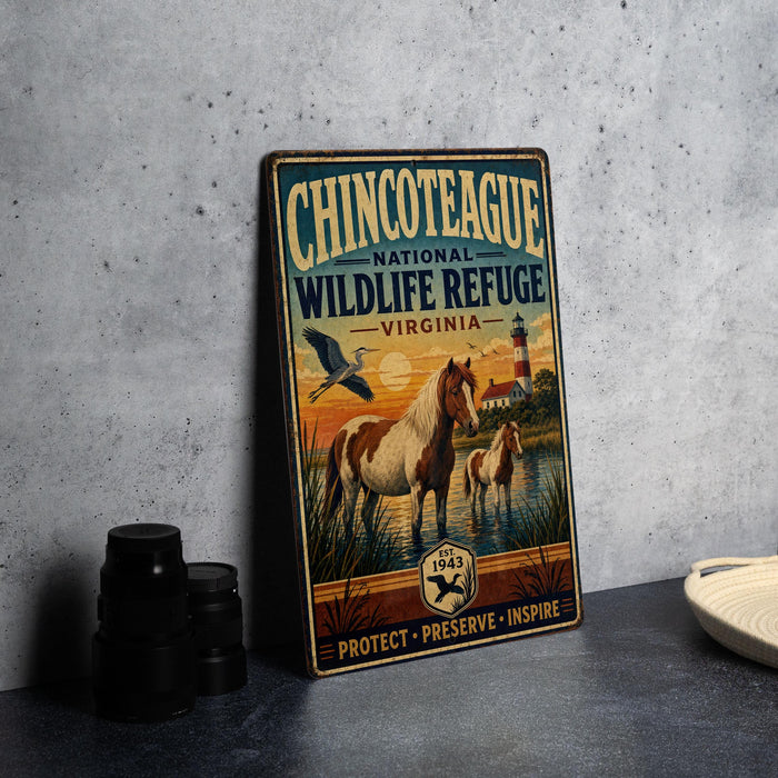 A vintage-style metal sign for the Chincoteague National Wildlife Refuge in Virginia, featuring an illustration of a horse and other wildlife in a scenic landscape.