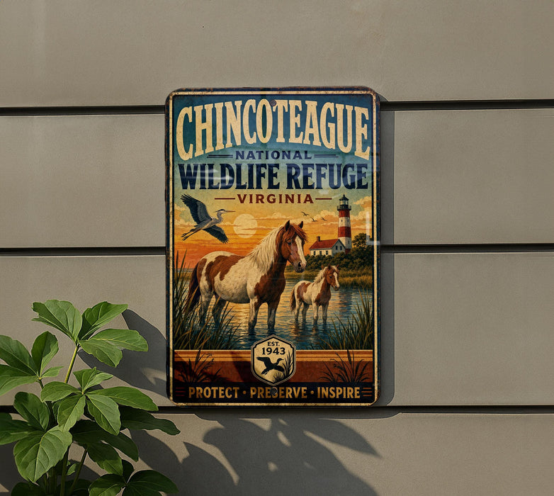 a vintage-style metal sign with a horse and a lighthouse in the background, mounted on a wall.