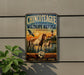a vintage-style metal sign with a horse and a lighthouse in the background, mounted on a wall.