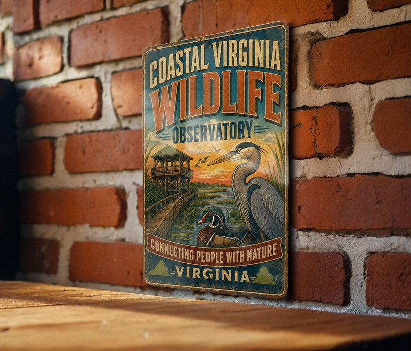 A vintage-style metal sign for the Coastal Virginia Wildlife Observationatory, featuring a large bird and a wooden structure, mounted on a brick wall.
