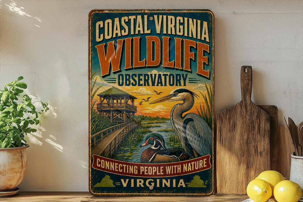 a vintage-style metal sign for the Coastal Virginia Wildlife Observation, with a bird illustration and a wooden cutting board in the background.