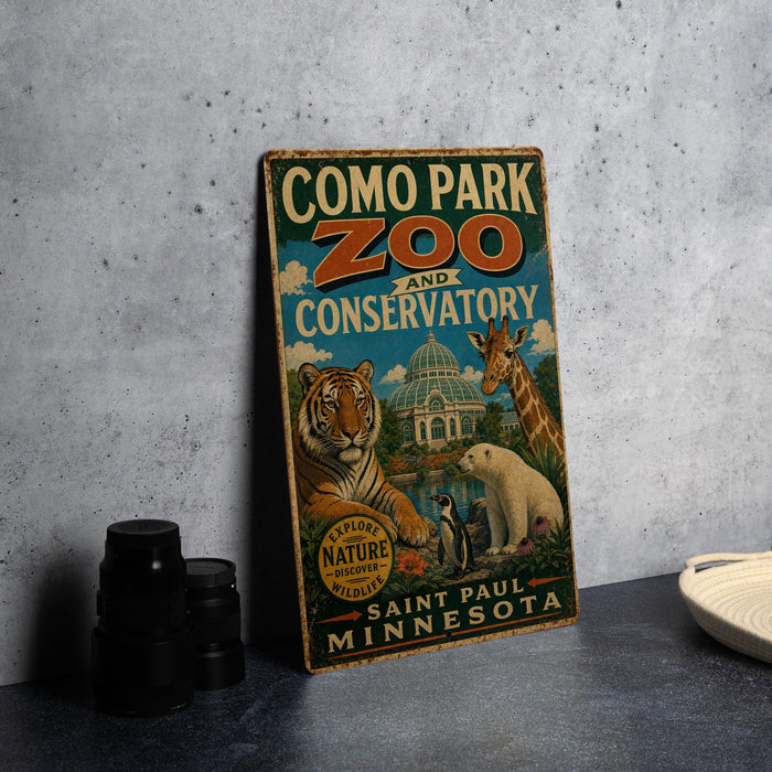 A vintage-style sign for Como Park Zoo and Conservatory in Minnesota, featuring illustrations of various animals such as a tiger, giraffe, and polar bear.