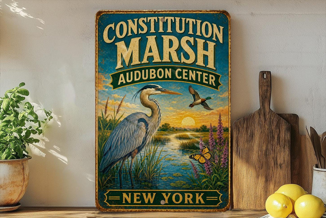 a vintage-style metal sign with a bird illustration, placed on a wooden surface next to a wooden cutting board and some lemons.