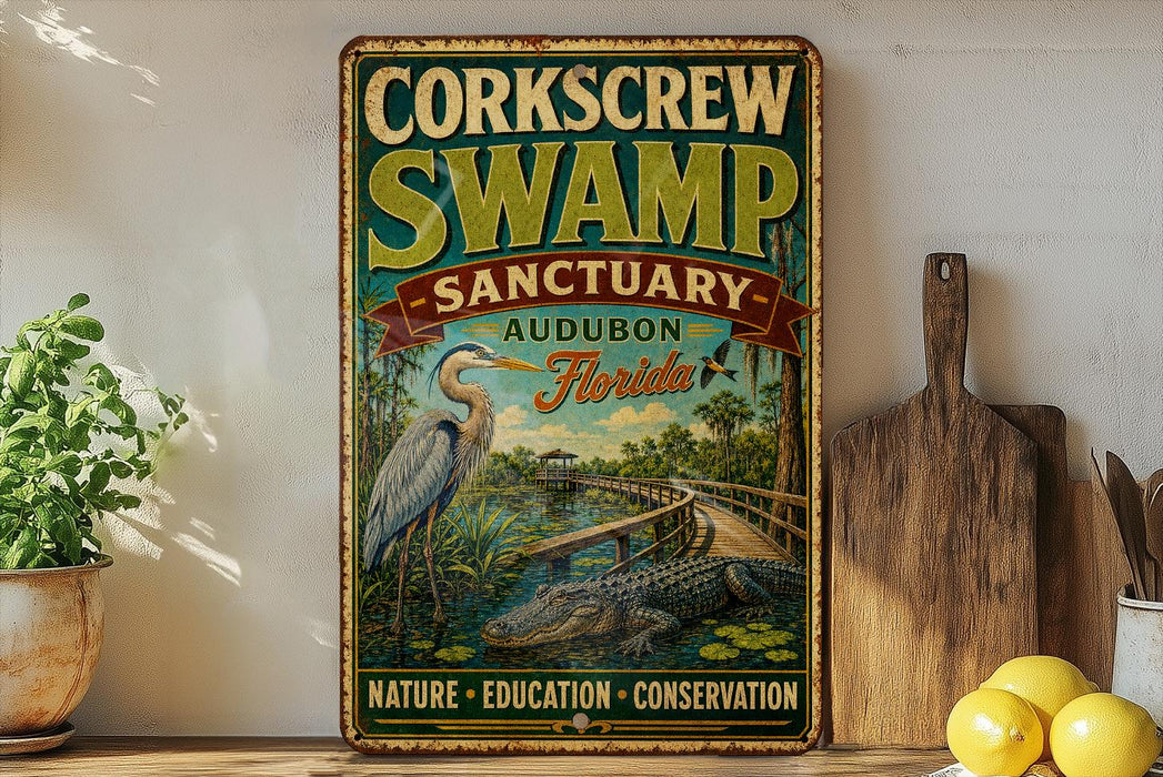 A vintage-style sign for the Corkcrew Swamp Sanctuary in Audubon, Florida, featuring an illustration of a bird and a swamp environment.