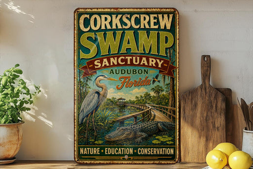 A vintage-style sign for the Corkcrew Swamp Sanctuary in Audubon, Florida, featuring an illustration of a bird and a swamp environment.