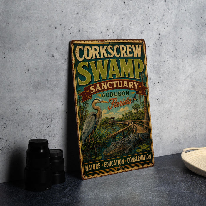 A vintage-style metal sign for the Corkcrew Swamp Sanctuary in Florida, featuring an illustration of a bird and a large alligator.