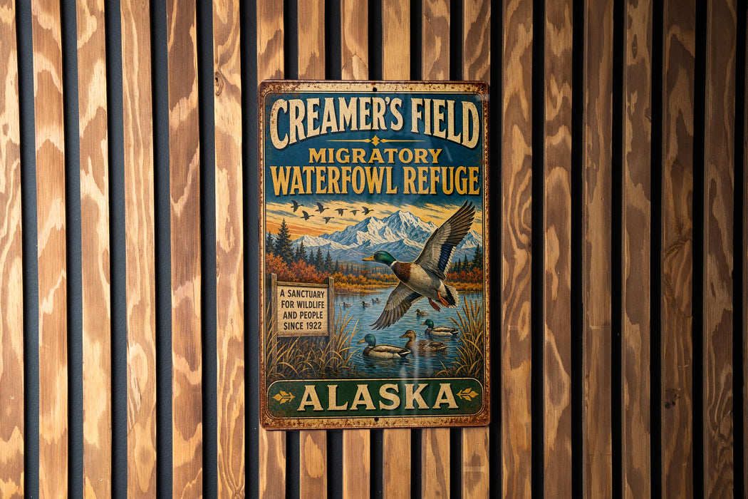A vintage metal sign for Creamer's Field migratory waterfowl refuge in Alaska, featuring a bird in flight and a serene landscape.