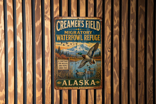A vintage metal sign for Creamer's Field migratory waterfowl refuge in Alaska, featuring a bird in flight and a serene landscape.