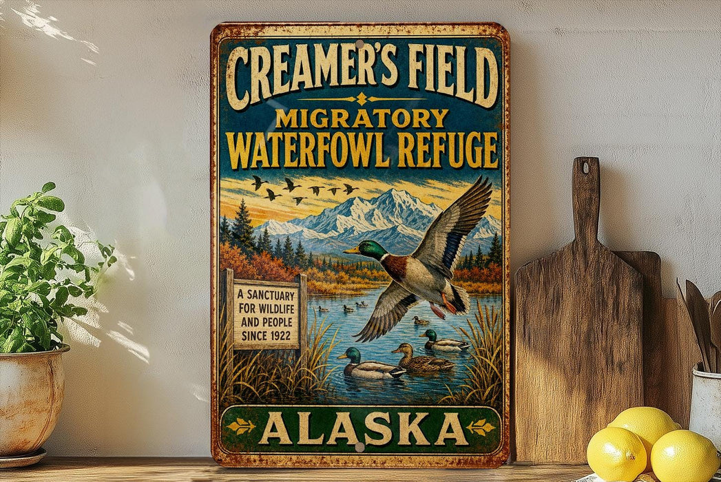 A vintage-style metal sign advertising Creamer's Field, a migratory waterfowl refuge in Alaska, with a scenic illustration of ducks flying over a lake.