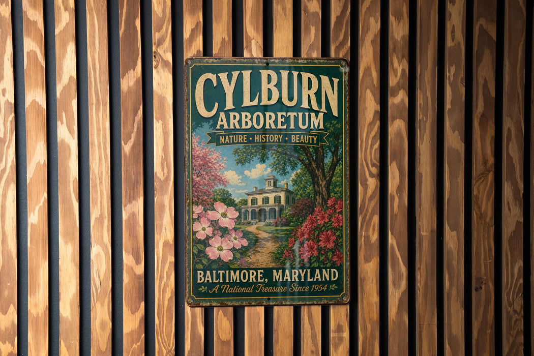 A vintage metal sign for the Baltimore Arboretum, featuring a scenic image of a house surrounded by trees and flowers.
