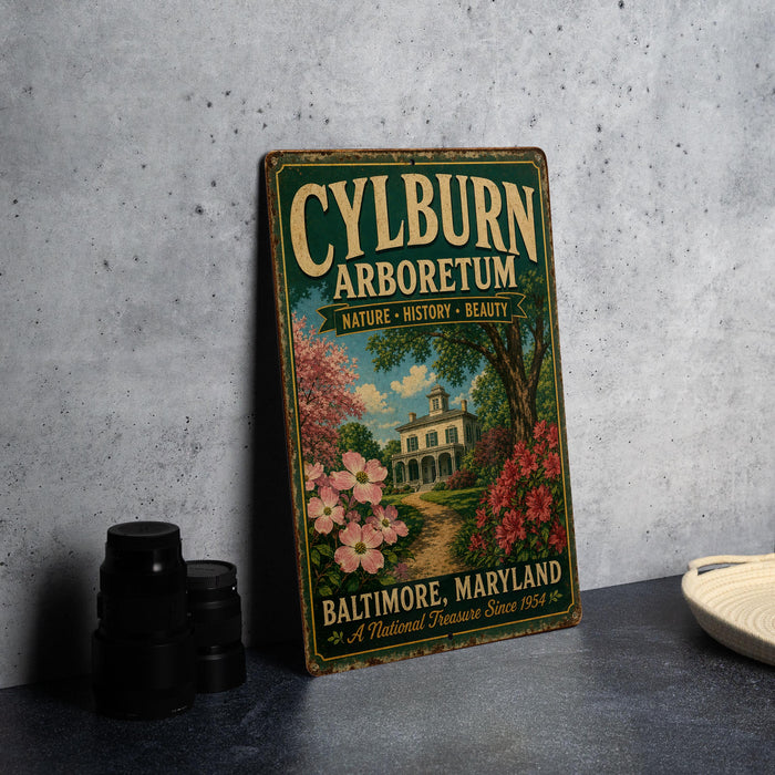 A vintage-style metal sign for the Baltimore Arboretum, featuring a house surrounded by flowers and trees, is displayed on a gray countertop.