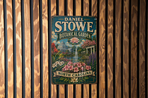 A vintage-style metal sign for Daniel Stowe Botanical Garden in North Carolina, featuring a colorful illustration of the garden's landscape.