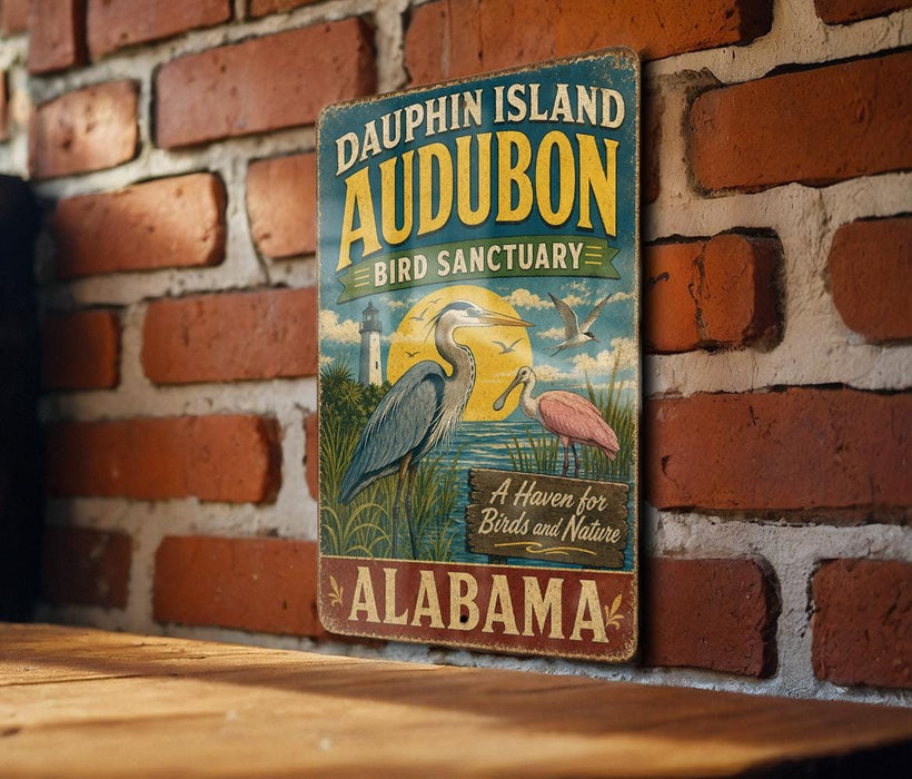 A vintage-style metal sign for Dauphin Island Audubon Bird Sanctuary in Alabama, featuring illustrations of birds and a serene landscape.