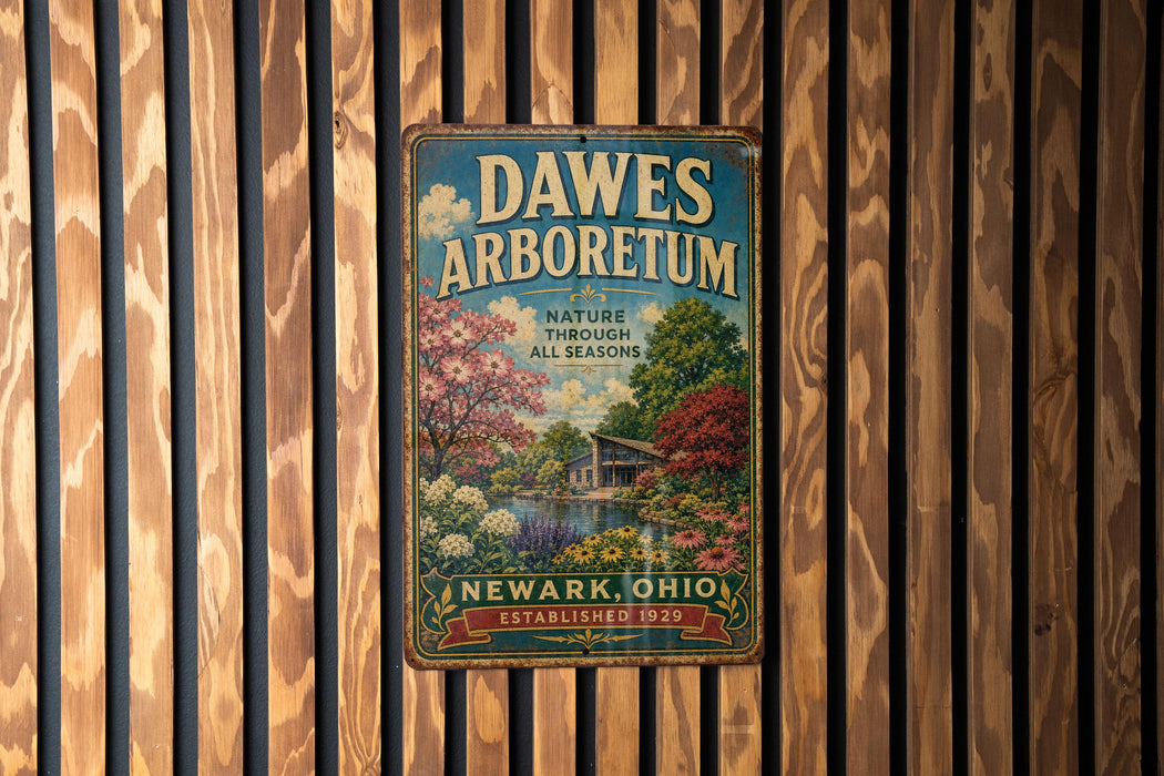 A vintage metal sign for the nature reserve, Dawes Arboretum, located in Newark, Ohio.