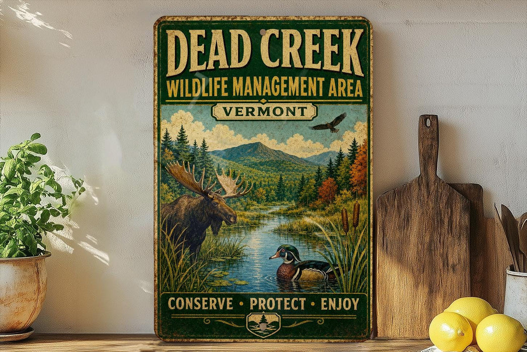 a vintage-style metal sign with a moose and a duck in a wildlife management area, surrounded by a forest and a river.