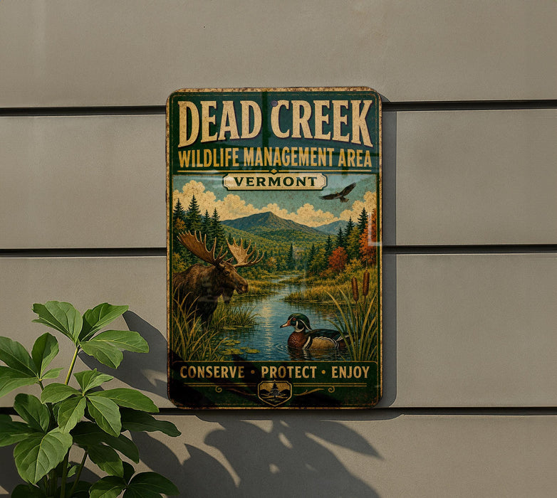 A vintage metal sign for Dead Creek Wildlife Management Area in Vermont, featuring a moose and ducks in a forest setting.
