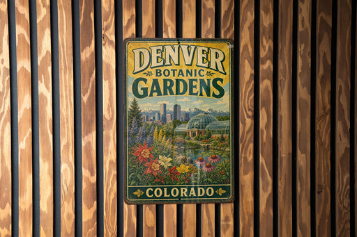 A vintage metal sign for the Denver Botanic Gardens in Colorado, featuring a colorful illustration of the gardens and a city skyline in the background.