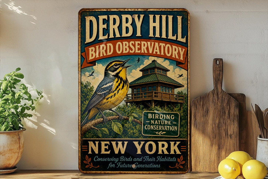 A vintage-style metal sign for the Derby Hill Bird Observatory in New York, featuring a colorful illustration of a bird perched on a branch with a wooden cabin in the background.