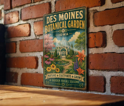 A vintage-style metal sign for the Des Moines Botanical Garden in Iowa, featuring a garden scene with a greenhouse and various flowers and plants.
