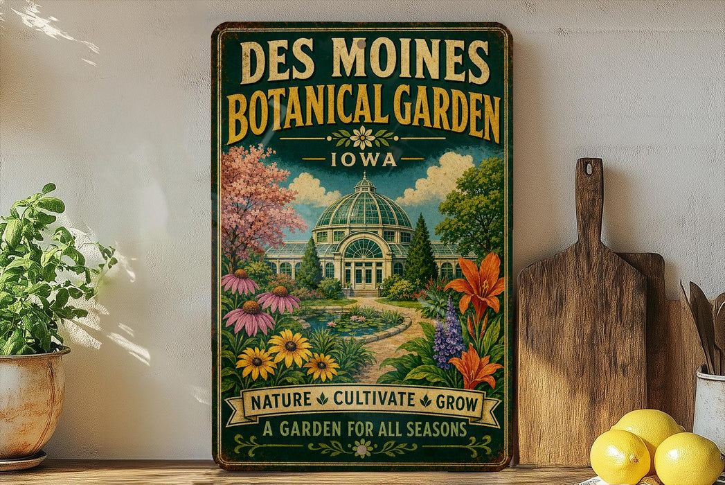 A vintage-style metal sign for the Des Moines Botanical Garden in Iowa, featuring a colorful illustration of a greenhouse surrounded by flowers and plants.