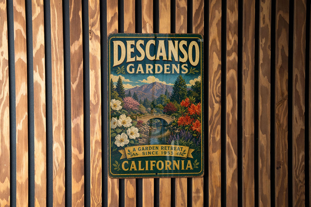 A vintage-style metal sign for Descanos Gardens, featuring a scenic landscape with a bridge and flowers, is displayed on a wooden wall.