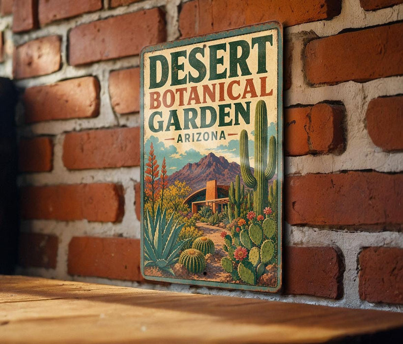 A vintage-style metal sign for the Desert Botanical Garden in Arizona, featuring a desert landscape with cacti, succulents, and a mountain backdrop.