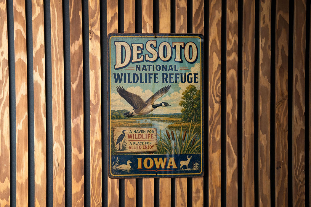 A vintage metal sign for the Desoto National Wildlife Refuge in Iowa, featuring a goose in flight and text promoting the refuge as a place for wildlife and all to enjoy.