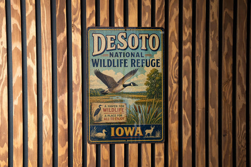 A vintage metal sign for the Desoto National Wildlife Refuge in Iowa, featuring a goose in flight and text promoting the refuge as a place for wildlife and all to enjoy.