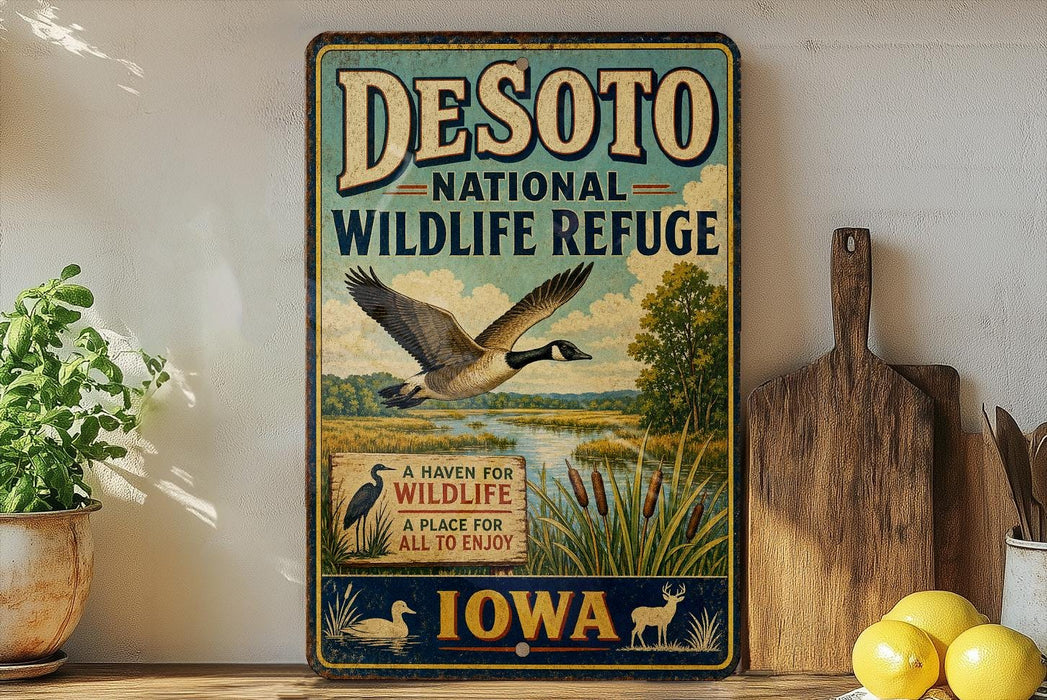 A vintage-style metal sign for Desoto National Wildlife Refuge in Iowa, featuring a goose in flight and a sign that says "A Haven for Wildlife".