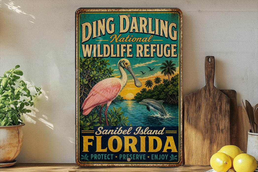 A vintage-style metal sign for Ding Darling National Wildlife Refuge in Sanibel Island, Florida, featuring a pink flamingo and a dolphin in a tropical landscape.