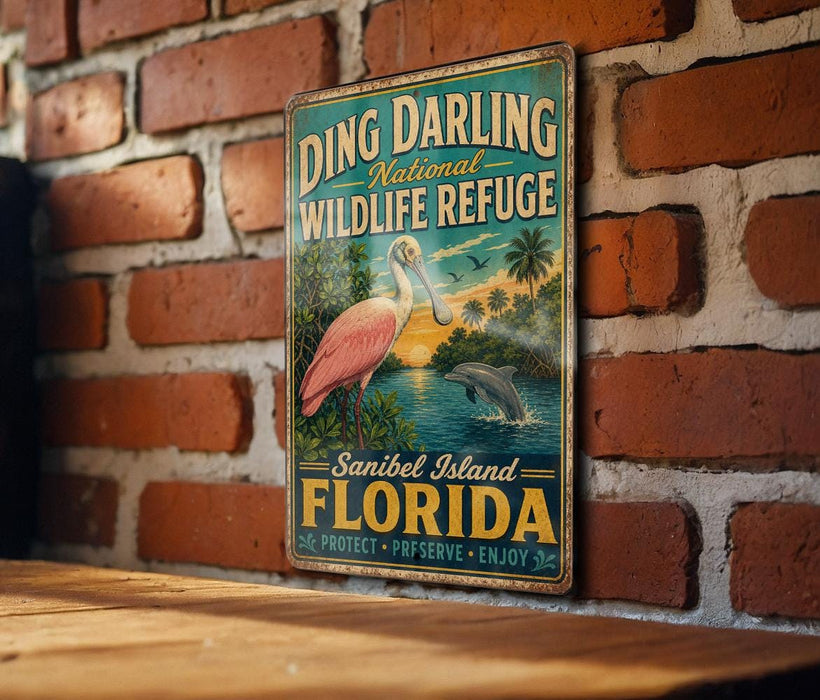 A vintage-style metal sign for the Ding Darling National Wildlife Refuge in Sanibel Island, Florida, featuring a pink flamingo and a dolphin in a tropical setting.