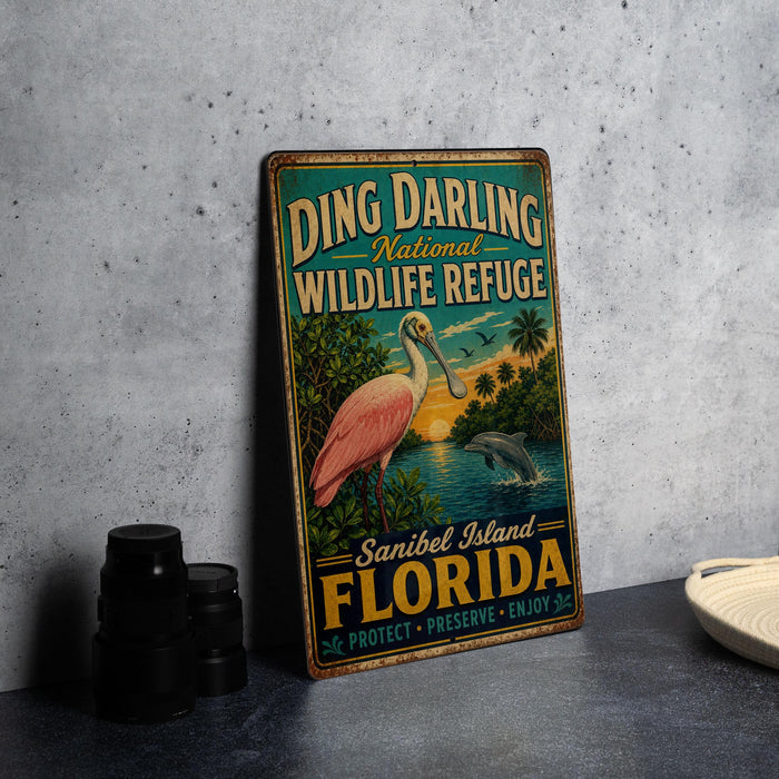 A vintage-style metal sign for Ding Darling National Wildlife Refuge in Sanibel Island, Florida, featuring a pink flamingo and a sunset landscape.