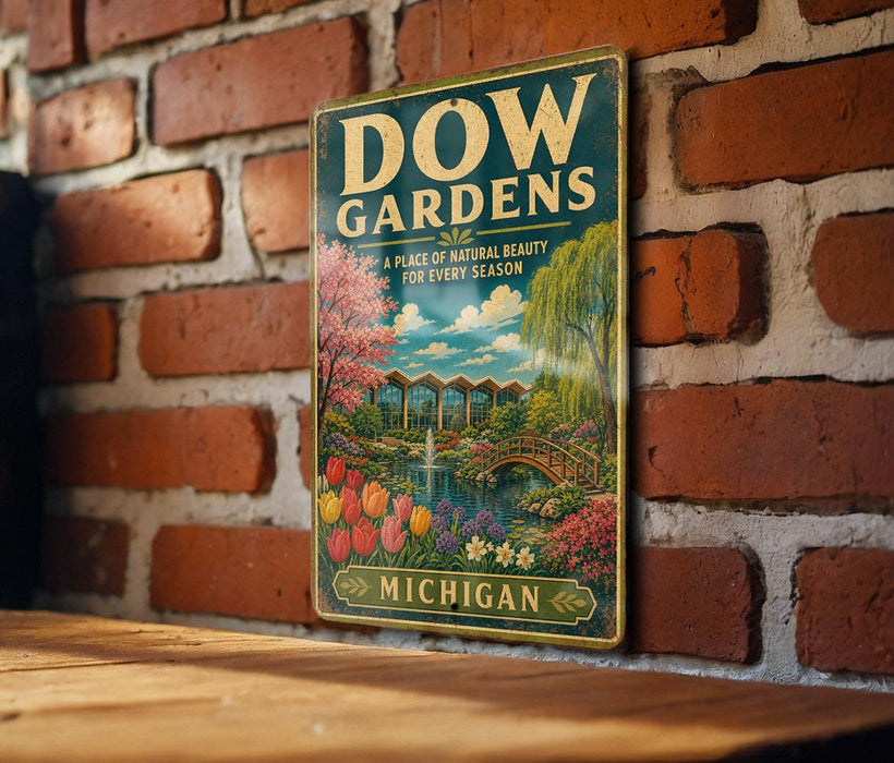 A vintage-style metal sign for "Dow Gardens" in Michigan, featuring a garden scene with a bridge and flowers.