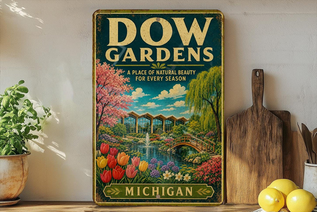a vintage-style sign for "Dow Gardens" in Michigan, with a colorful illustration of a garden and a bridge. The sign is displayed on a shelf next to a wooden cutting board and some potted plants.