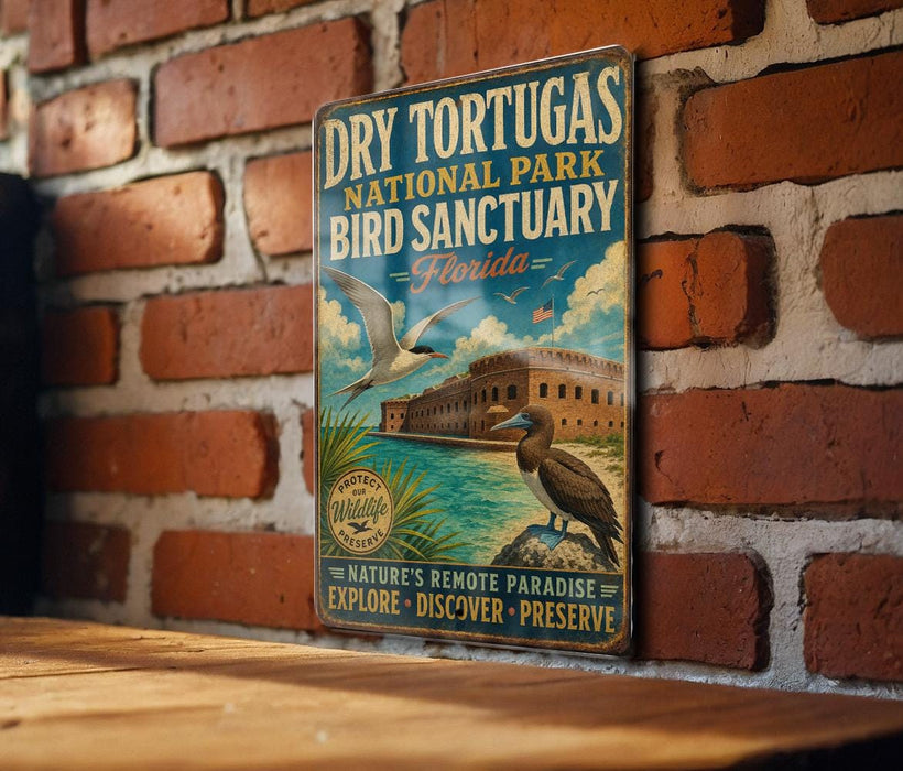 A vintage-style metal sign advertising Dry Tortugas National Park, Florida, with a bird illustration and text promoting the park's nature, remote paradise, and wildlife.