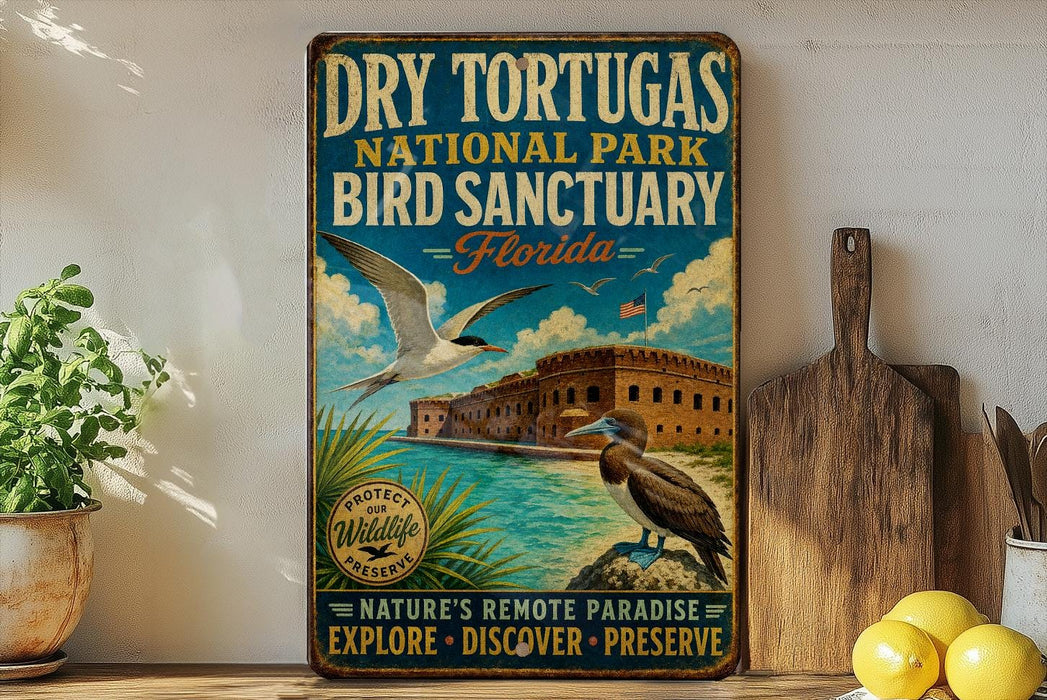 A vintage-style sign for Dry Tortugas National Park Bird Sanctuary in Florida, featuring a bird and a building in the background.