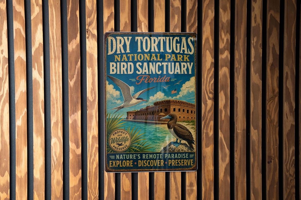 A vintage-style metal sign for Dry Tortugas National Park Bird Sanctuary in Florida, featuring a bird illustration and text promoting the park's nature reserve and remote tropical paradise.