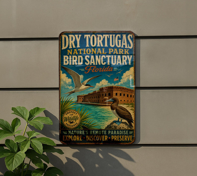 A vintage-style metal sign for Dry Tortugas National Park, Florida, featuring a bird sanctuary with a bird flying over a building and palm trees.
