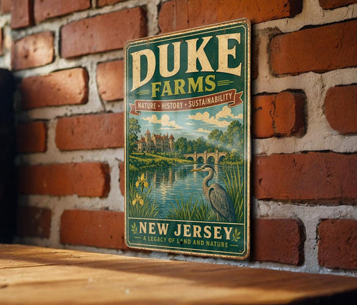 A vintage-style metal sign for Duke Farms, featuring a scenic landscape with a river, bridge, and wildlife, is mounted on a brick wall.