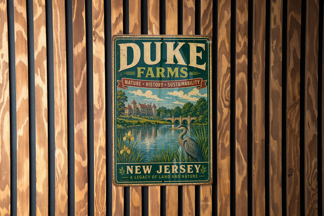A vintage metal sign for Duke Farms, featuring a scenic landscape with a lake, trees, and a bird, is displayed on a wooden wall.