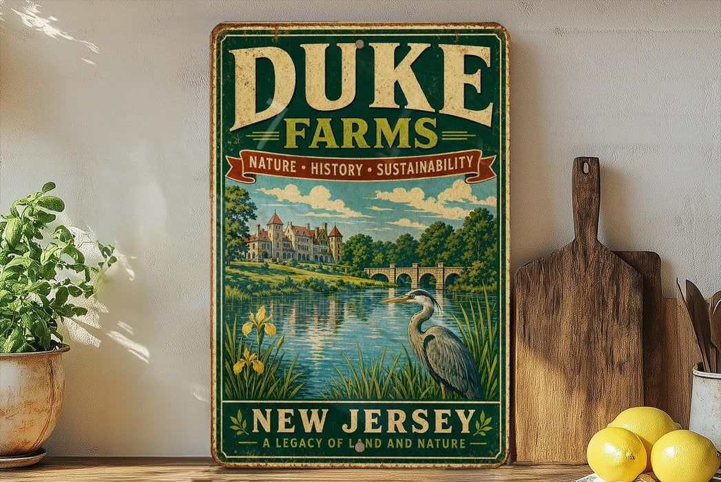 A vintage-style sign for Duke Farms, featuring a scenic landscape with a castle, river, and bird, is displayed on a wooden shelf next to a potted plant and a cutting board.